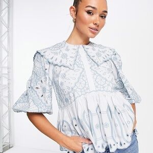 ASOS Edition Blue Embroidered Peplum Blouse Oversized Collar Size US 4